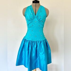 Vintage Betsey Johnson Evening Aqua Blue Halter Party Dress
